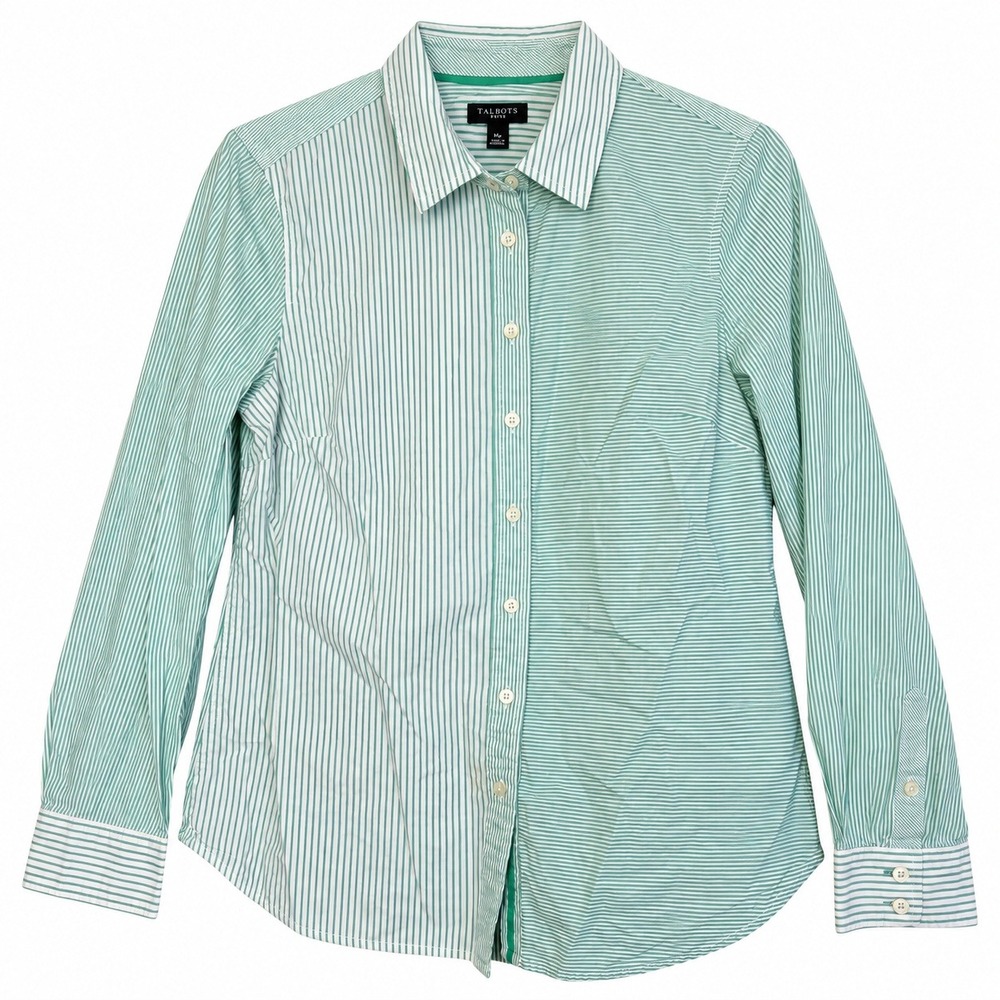 Talbots Striped Button Down Shirt Womens MP Green Good Mixed Stripe Preppy